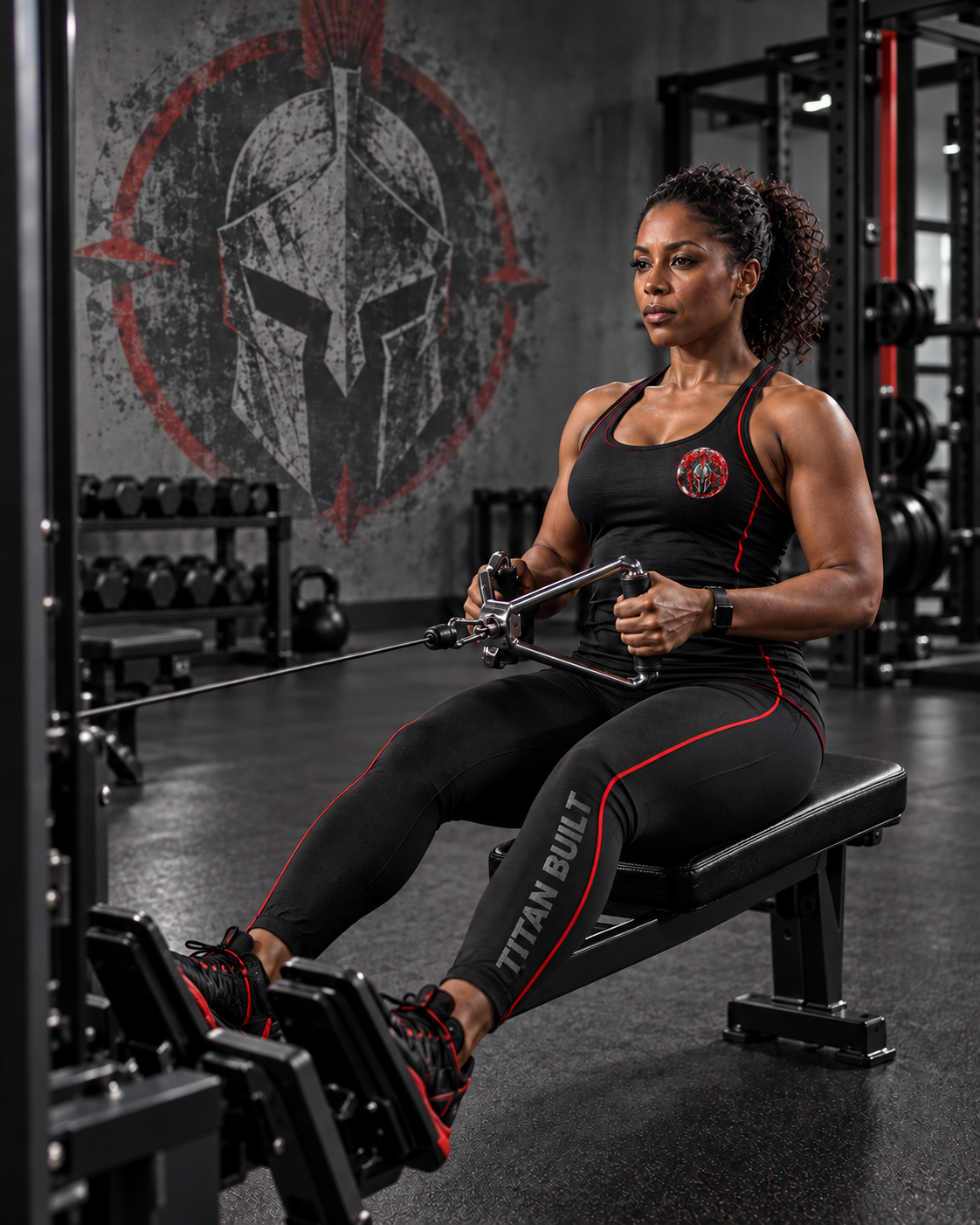 Woman completing a controlled cable row in a strength gym